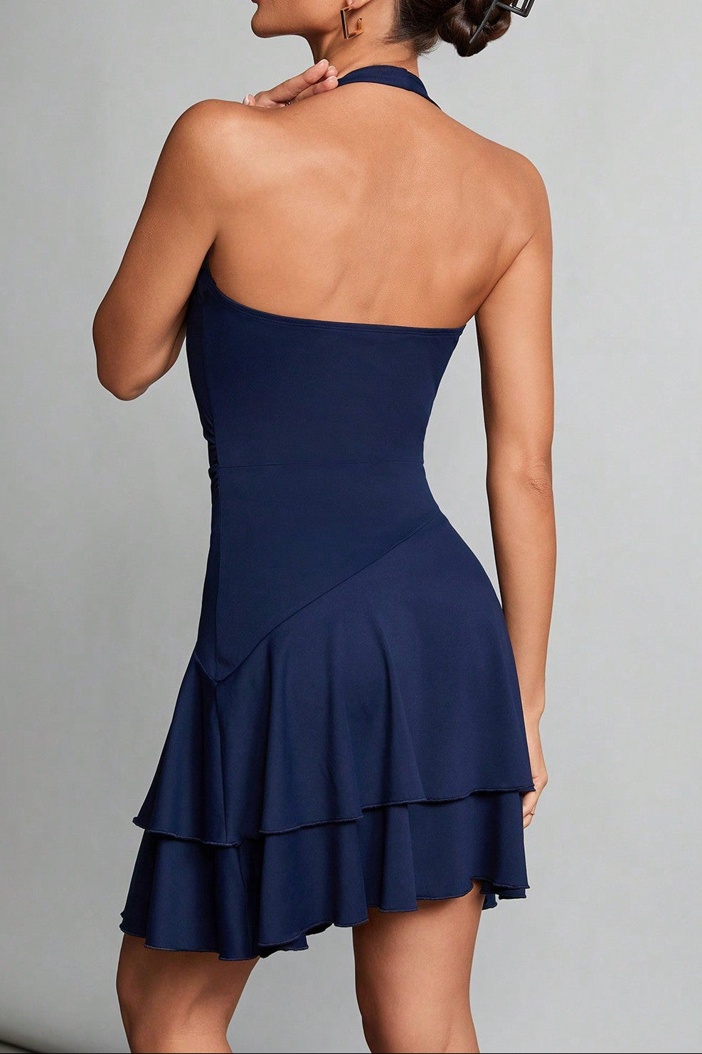 Flowering Girl Women blue halter neck backless ruffle mini dress