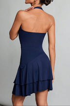 Flowering Girl Women blue halter neck backless ruffle mini dress