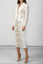 Flowering Girl Women High-Waisted Skirt Gold Sequin Print Blazer Suit In White