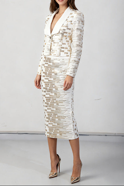 Flowering Girl Women High-Waisted Skirt Gold Sequin Print Blazer Suit In White