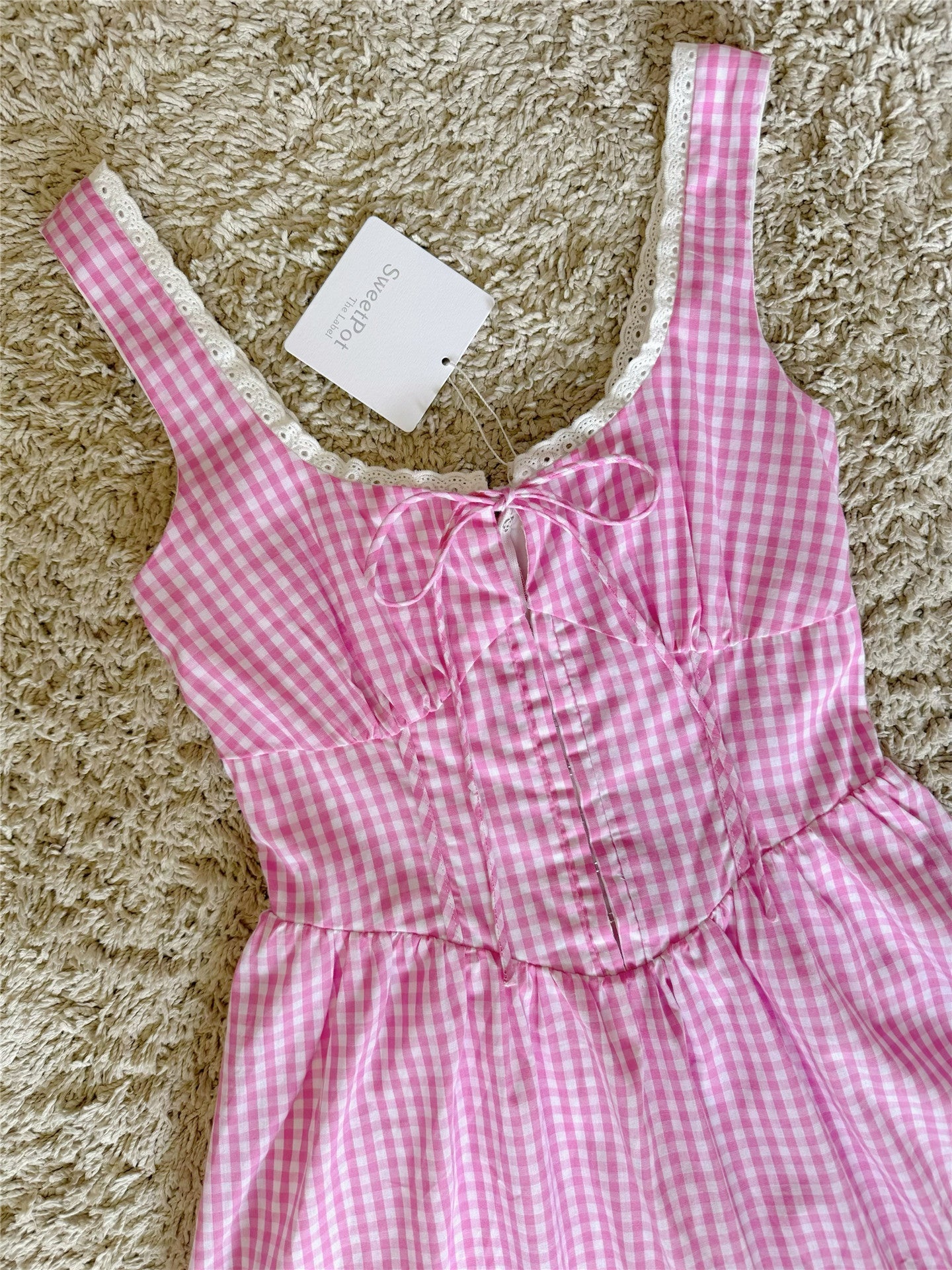 Flowering Girl Women plaid wave lace tie waist-cinching cotton dress