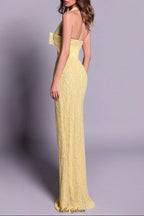 irene Halterneck Bowknot Beaded bodycon maxi dress in yellow