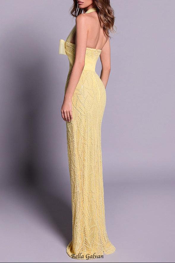 irene Halterneck Bowknot Beaded bodycon maxi dress in yellow