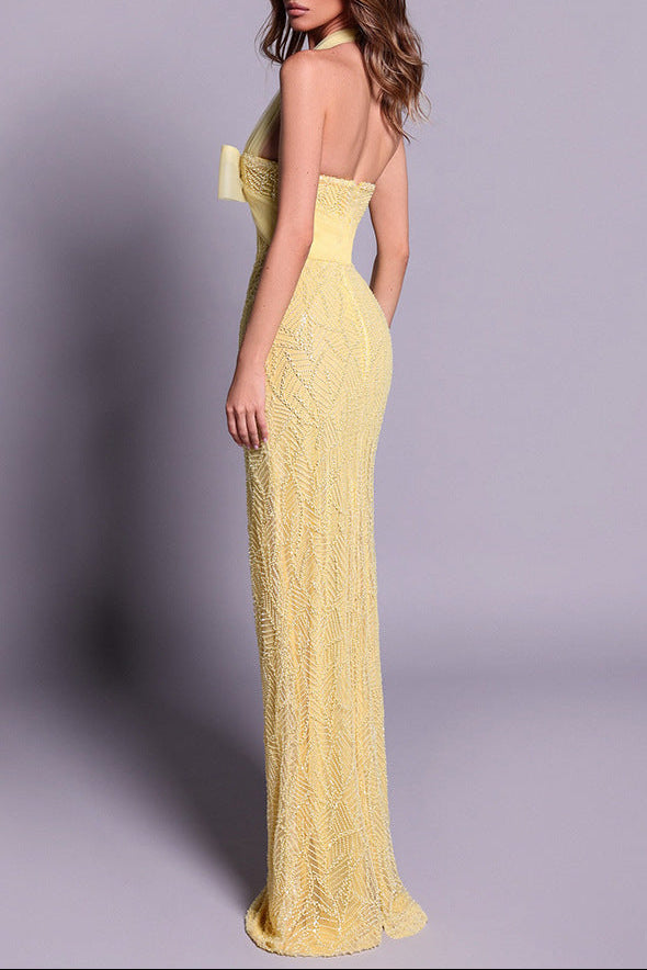 Irene Halterneck Bowknot Beaded Bodycon Maxi Dress In Yellow