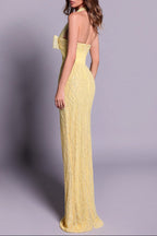 Irene Halterneck Bowknot Beaded Bodycon Maxi Dress In Yellow