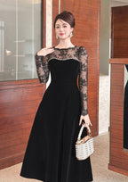 Tiffany Lace Hollow Sleeve Rhinestone Velvet Maxi Dress In Black
