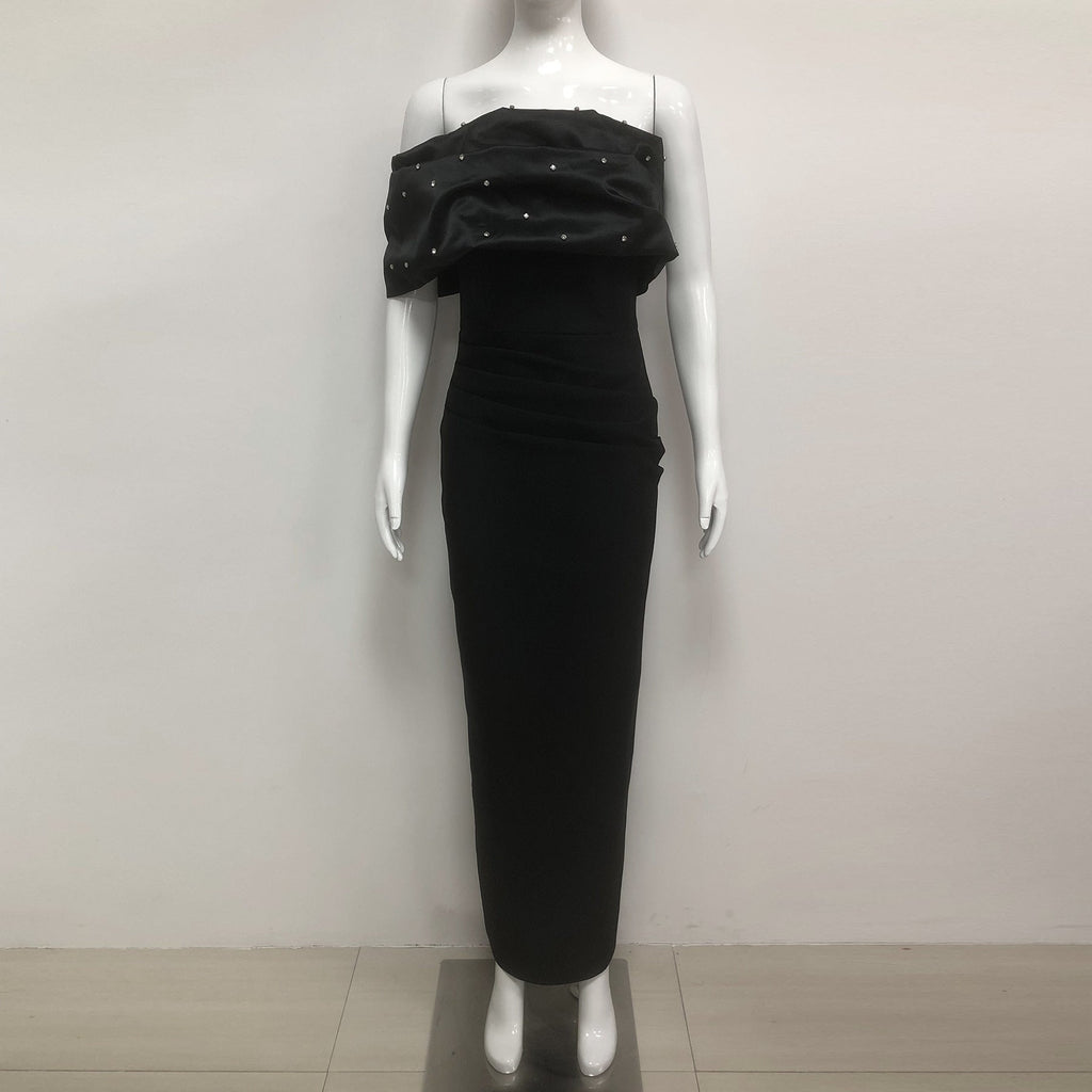 rosemary Black Pearl Embellished Draped strapless maxi dress