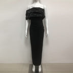 Flowering Girl Women Rosemary Black Pearl Embellished Draped Strapless Maxi Dress