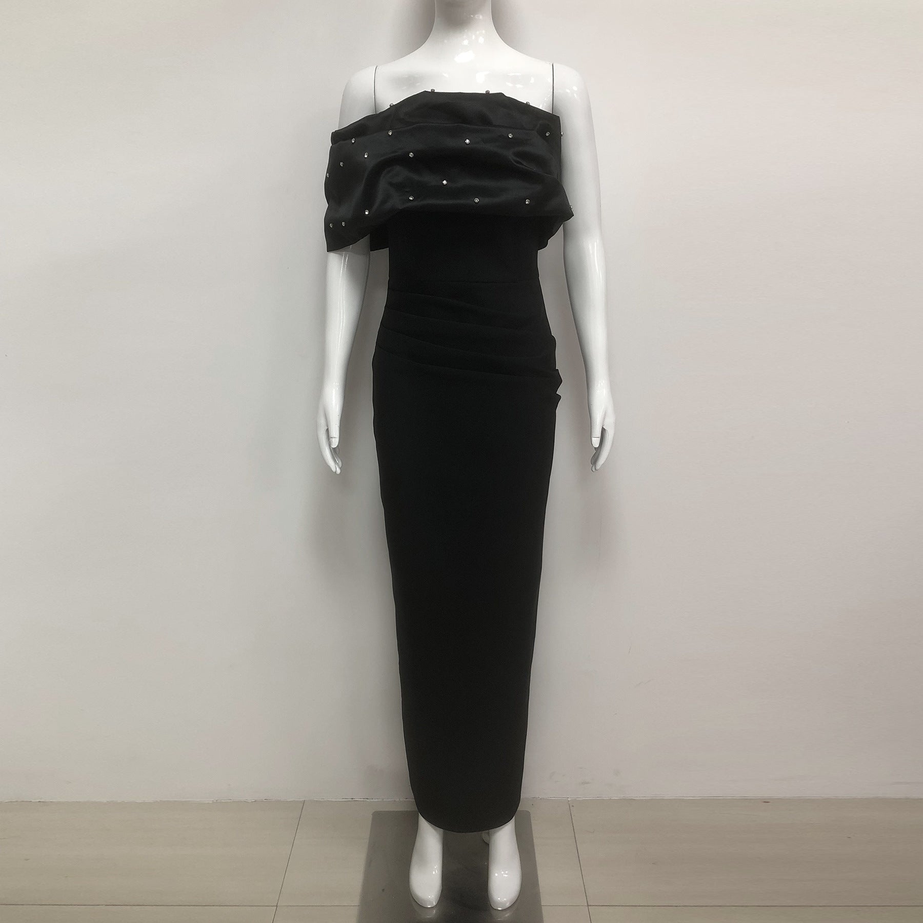 Flowering Girl Women Rosemary Black Pearl Embellished Draped Strapless Maxi Dress