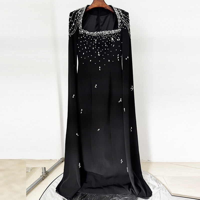 Flowering Girl Women red nail bead chain shawl sleeves floor-length dress