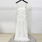 Flowering Girl Women white nail bead layered lotus leaf slit maxi dress