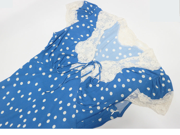Flowering Girl Women Lyuba Polka Dot Lace-Trimmed V-Neck Maxi Dress In Blue