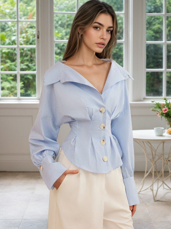 Flowering Girl Women Blue White Stripe Off Shoulder Collared Cinched Waist Peplum Shirt