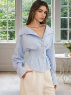Flowering Girl Women Blue White Stripe Off Shoulder Collared Cinched Waist Peplum Shirt