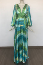 Green multicolor floral print puff sleeve maxi dress