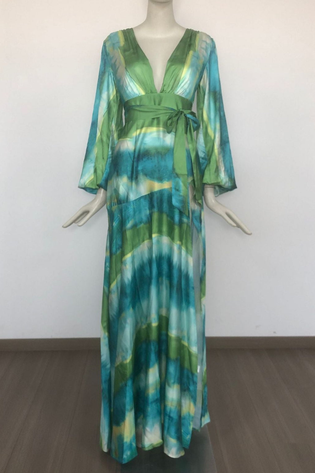Flowering Girl Women Green Multicolor Floral Print Puff Sleeve Maxi Dress