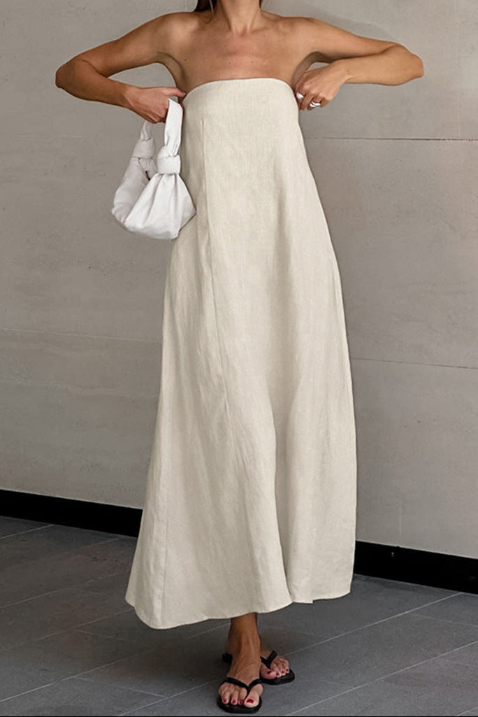 Flowering Girl Women cotton linen strapless A-line midi dress