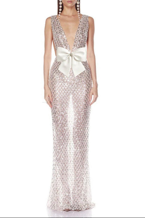 Flowering Girl Women Rebecca Bow Sequin Embellished v Neck Maxi Dress In Silver