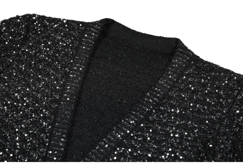 Flowering Girl Women sequin knit v-neck cardigan in black