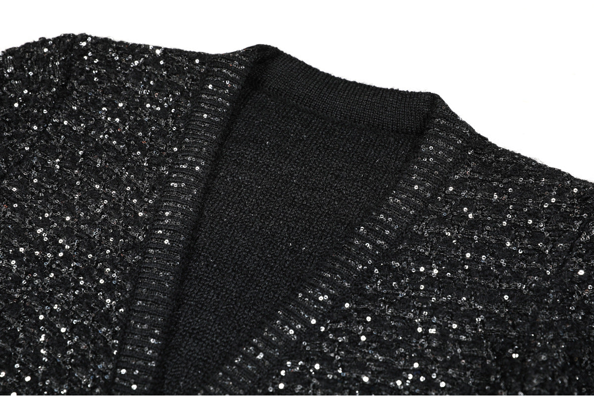 Flowering Girl Women sequin knit v-neck cardigan in black