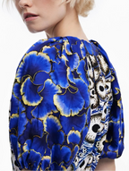 Blue Mixed Print Puff Sleeve Tiered Midi Dress