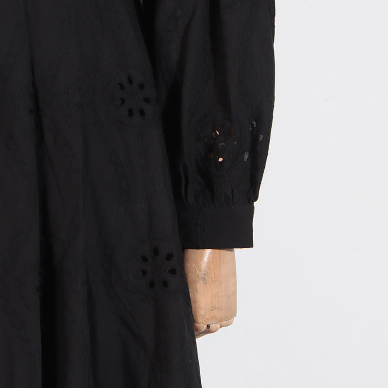Flowering Girl Women retro single-breasted hollow lace midi dress in black