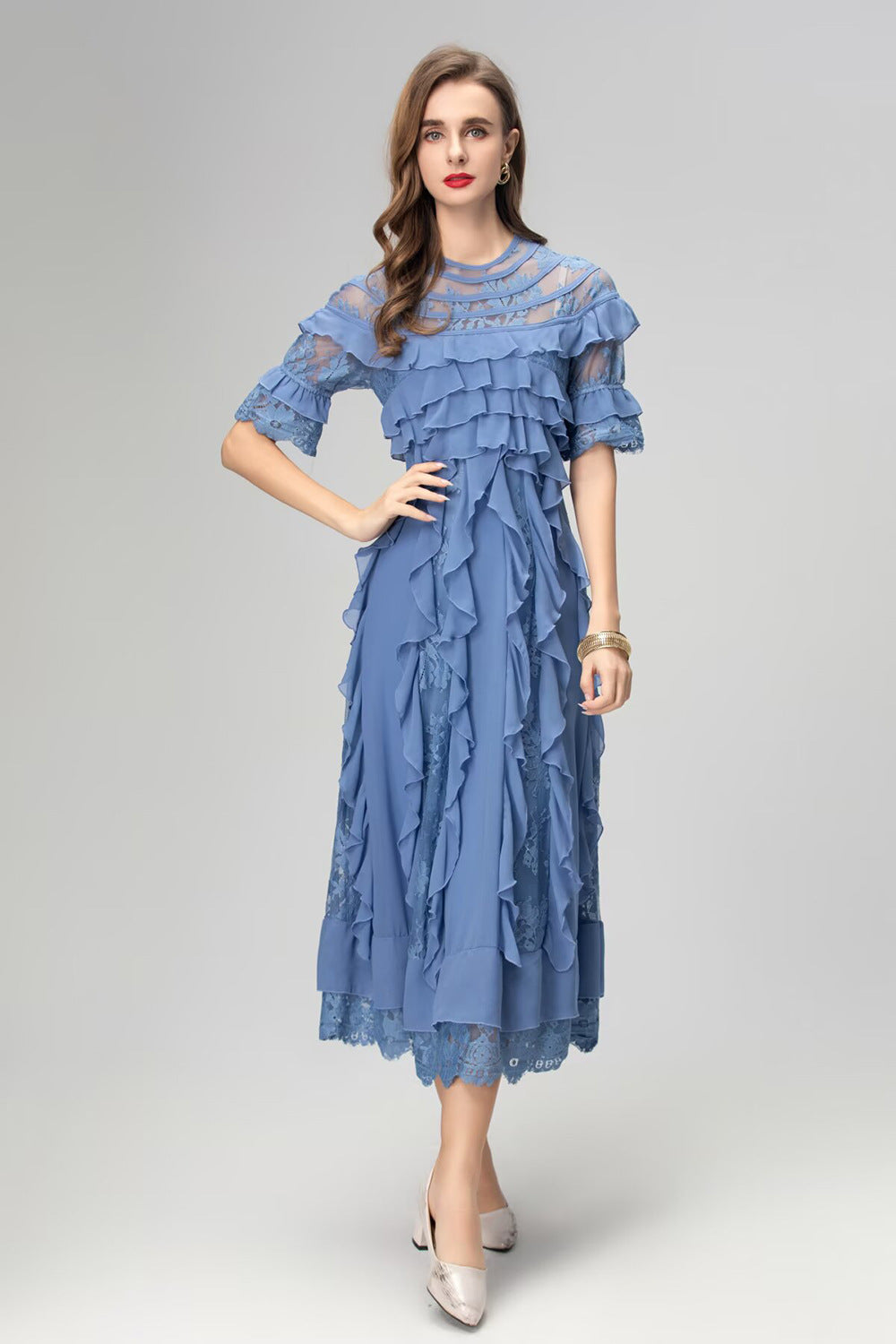 Flowering Girl Women Lorraine Lace Ruffle Trim Midi Dress In Blue