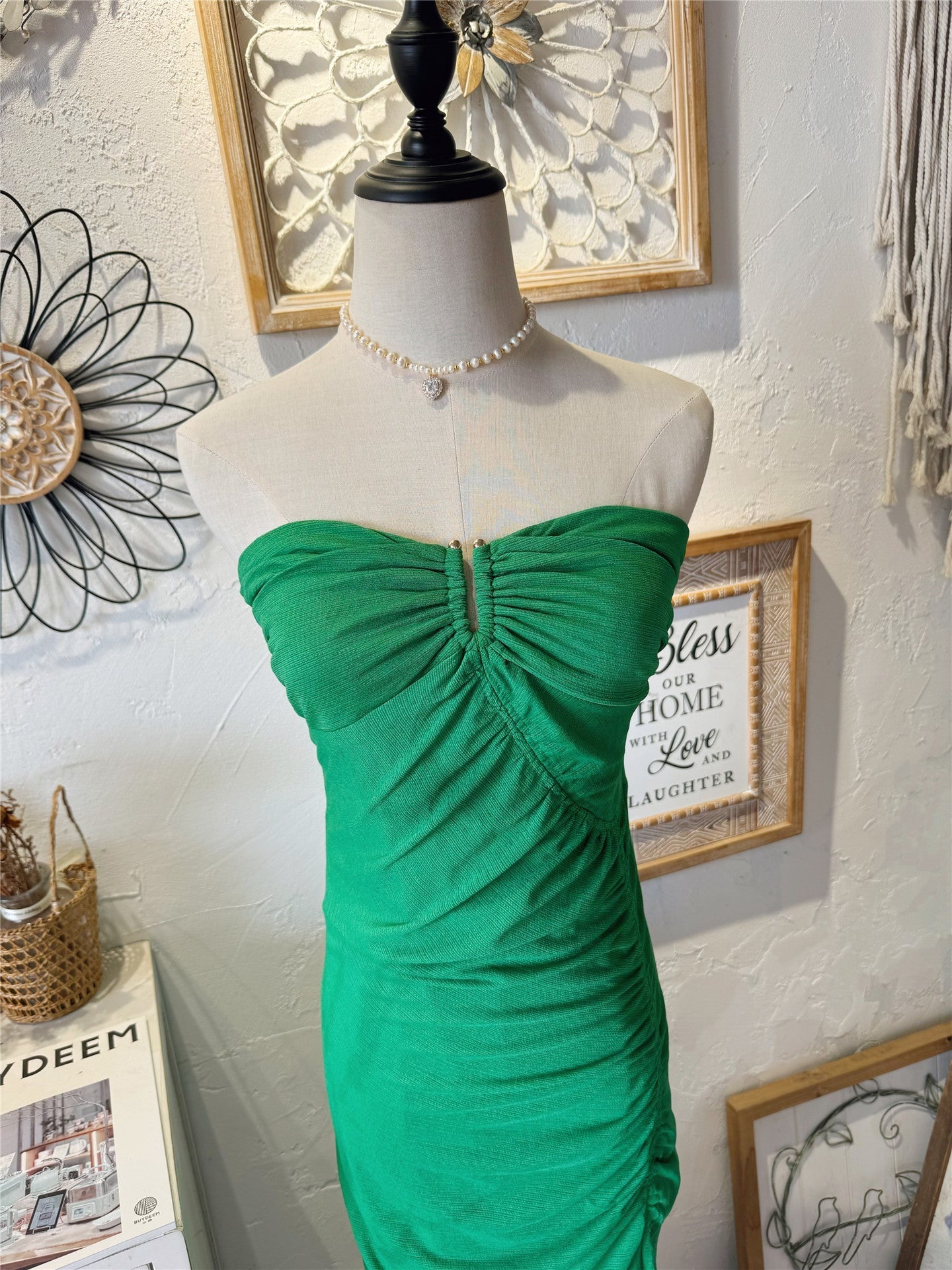 Strapless Front Keyhole Ruched Side Slit Midi Bodycon Dress