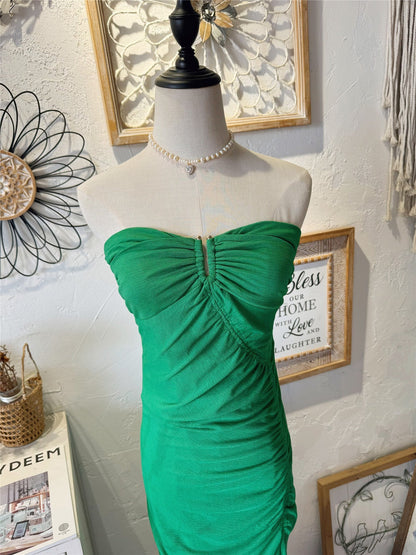 Strapless Front Keyhole Ruched Side Slit Midi Bodycon Dress