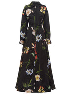Black Floral Print Belted Shirt Maxi Dress With Slit