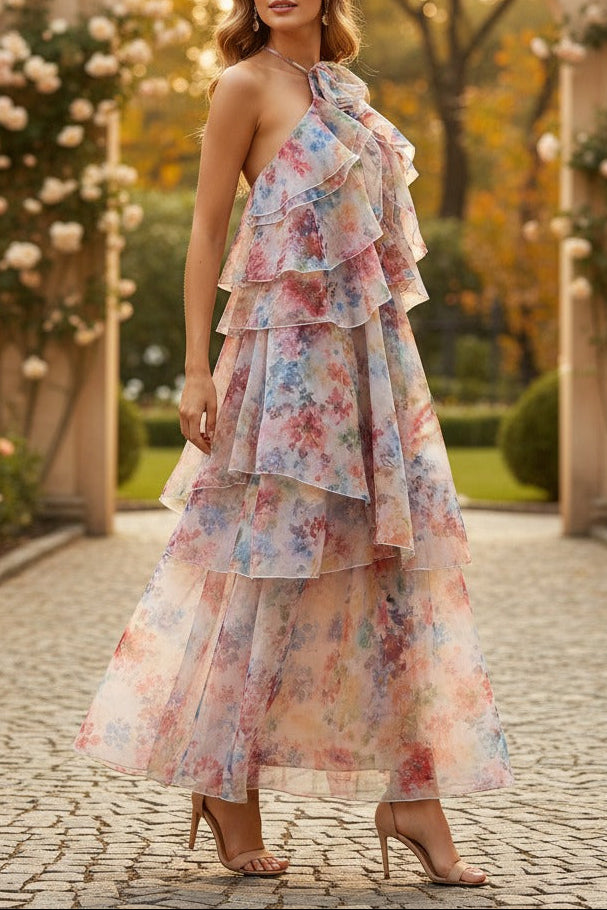 Susie Multicolor Floral Print Layer Halter Midi Dress