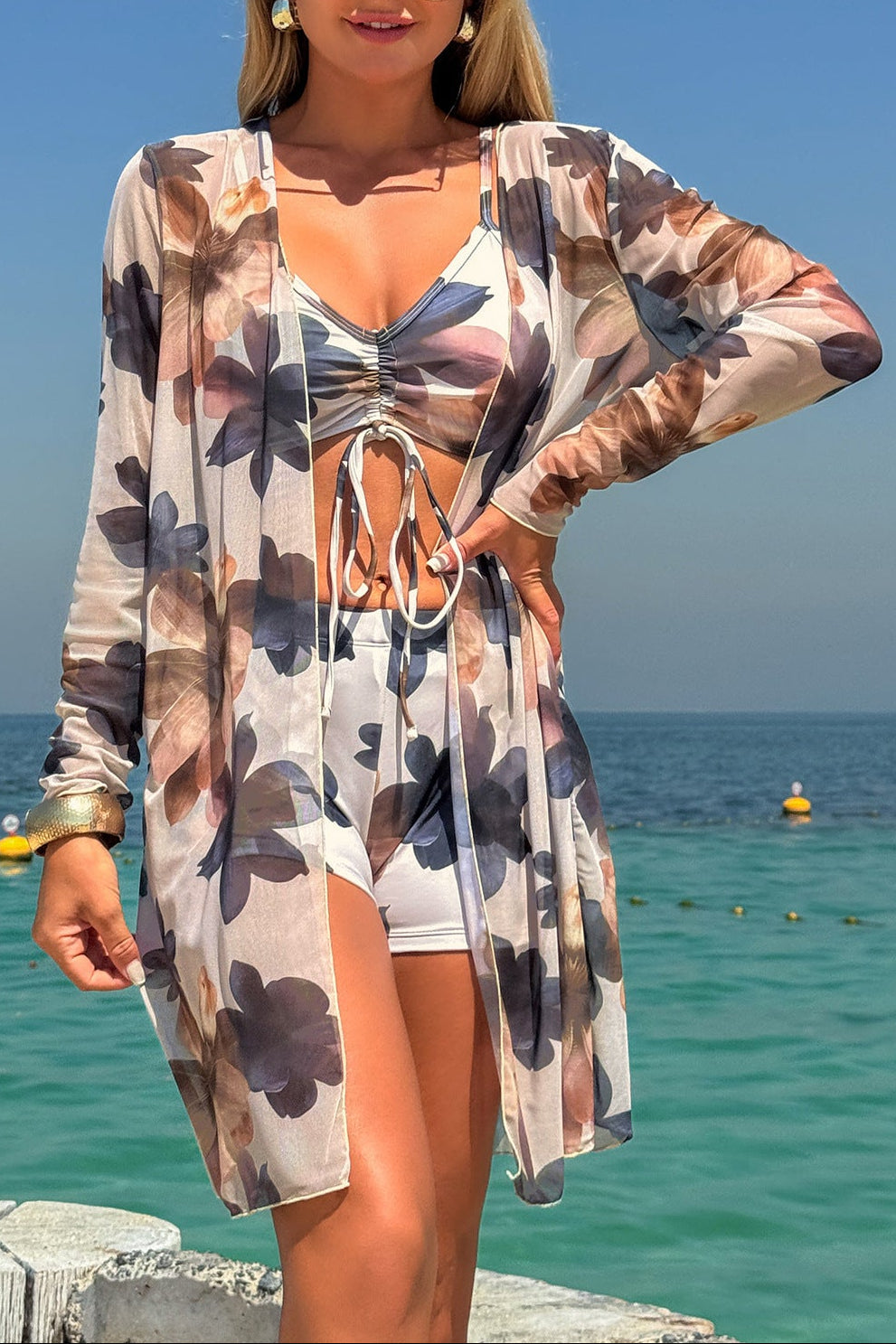 Belinda Chiffon Cardigan Sun Protection Swimsuit Three-Piece Set With Long Cover-Up