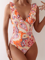 v-neck floral print ruffle bikini