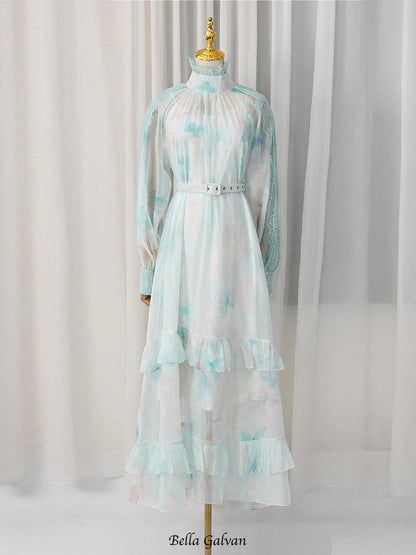 olga floral print  lantern sleeve layer Sheer maxi dress