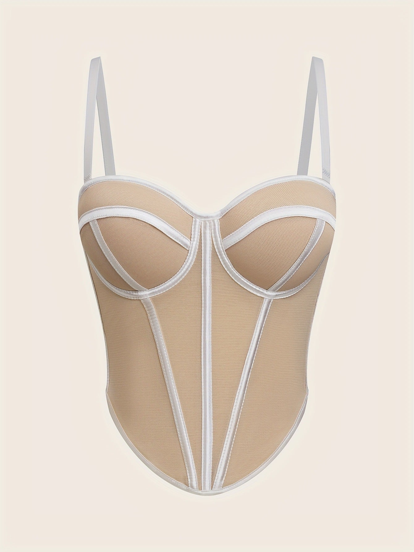 Calista Skin Tone, Fishbone Sexy Mesh Strapless Backless Color-Blocked Waist-Cinching Top