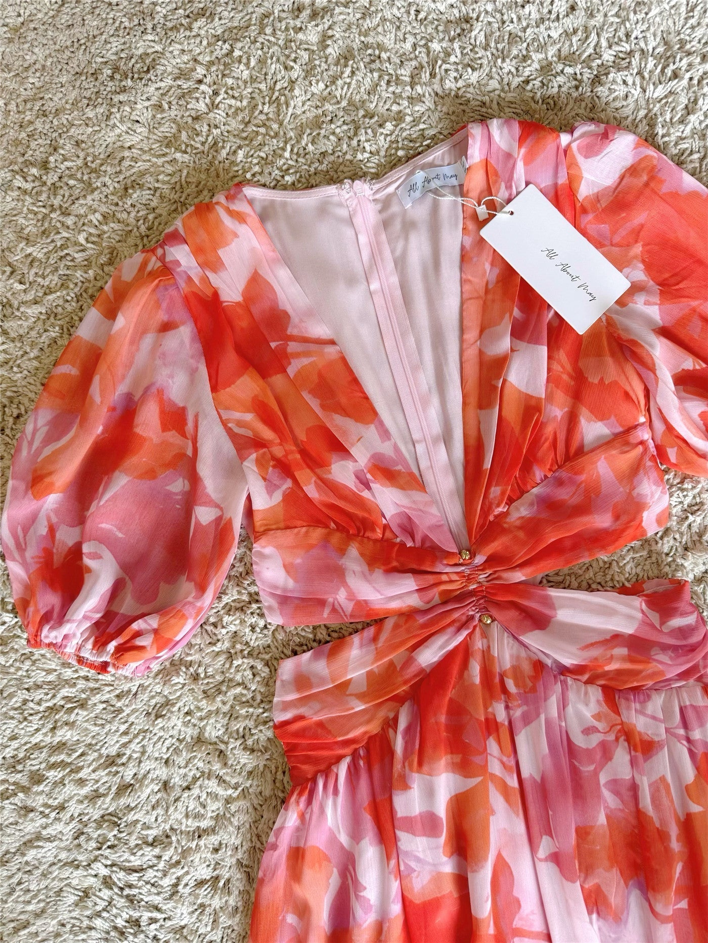 pressed waist slit floral V-neck dress