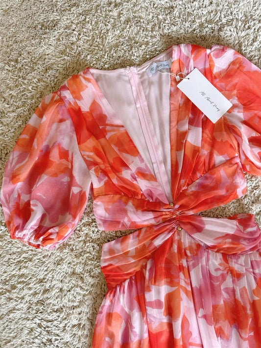 pressed waist slit floral V-neck dress
