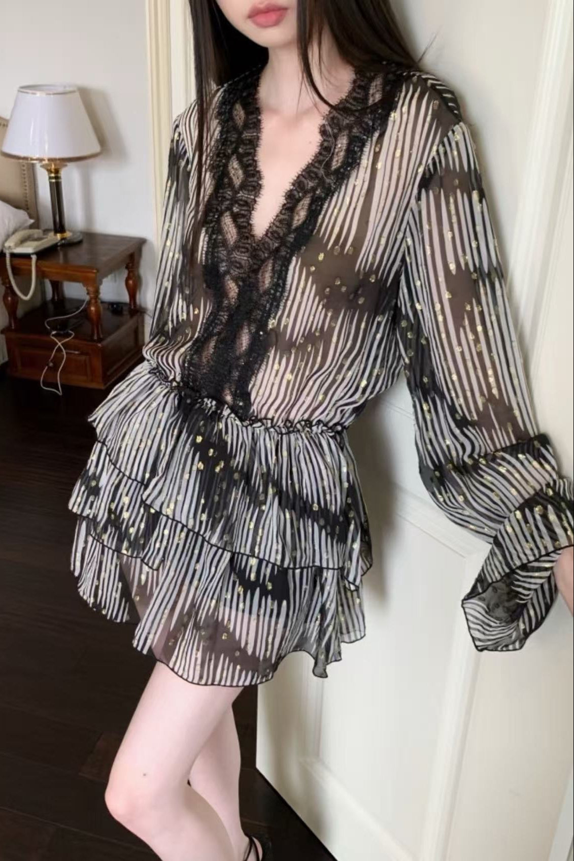 Flowering Girl Women georgia Lace V-neck printed gold leather jacquard mini shirt dress - black