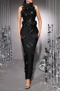 phoenix 3d flower sequin halter bandage maxi dress in black