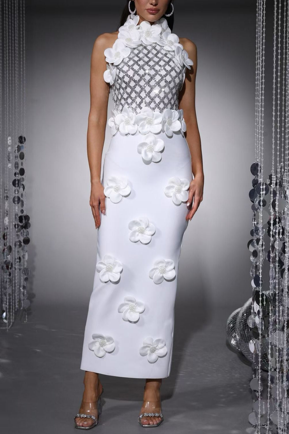 Flowering Girl Women Phoenix 3d Flower Sequin Halter Bandage Maxi Dress In White