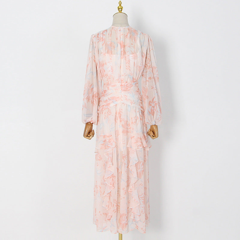 Flowering Girl Women puff long sleeve tiered ruffle hem maxi dress in pink