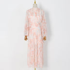 Flowering Girl Women puff long sleeve tiered ruffle hem maxi dress in pink