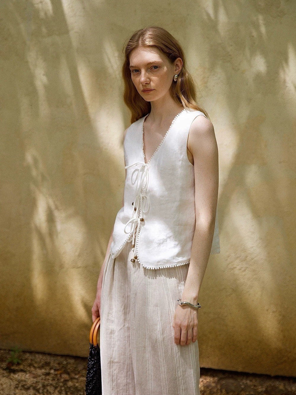 Beaded Linen Lace-Up Access Vest