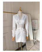 Flowering Girl Women Alyssa Deep V See-Through Fishbone Pleated Hip Blazer Mini Dress In White