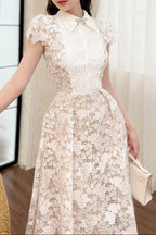 Leila White 3D Flower Embroidery Bow Lace Midi Dress