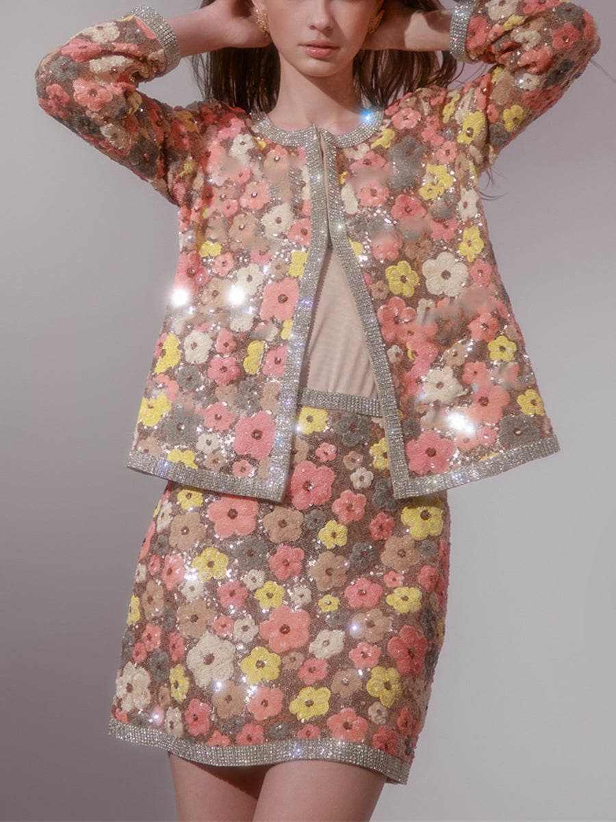 Flowering Girl Women flower Diamond Top Short Skirt in pink
