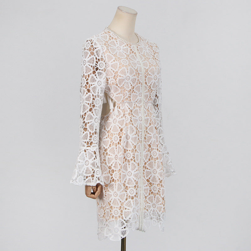 Flowering Girl Women Embroidered hollow mini dress in white