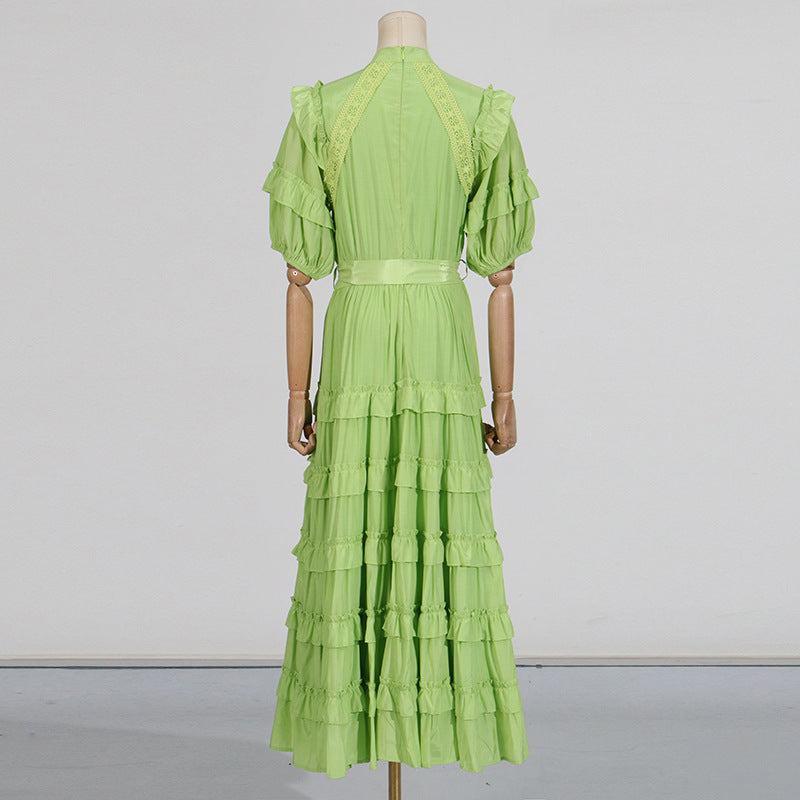 Flowering Girl Women Lace ruffle trim layer midi dress in green