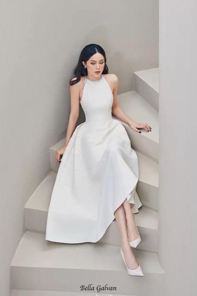 Sleeveless halter neck with diamond midi dress in white
