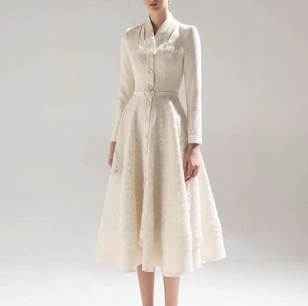 Anna Patchwork Lace Midi Blazer Dress In Apricot